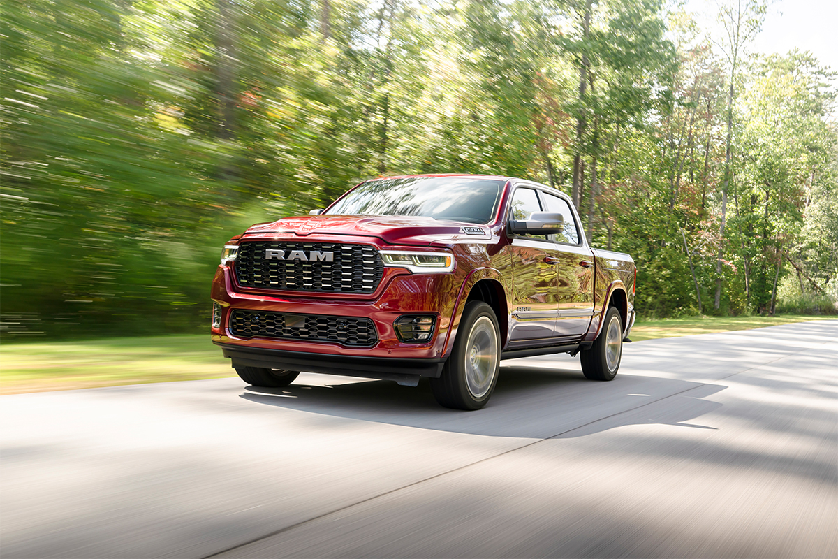 A 2025 RAM 1500 being driven down roads near Claremont, CA. 